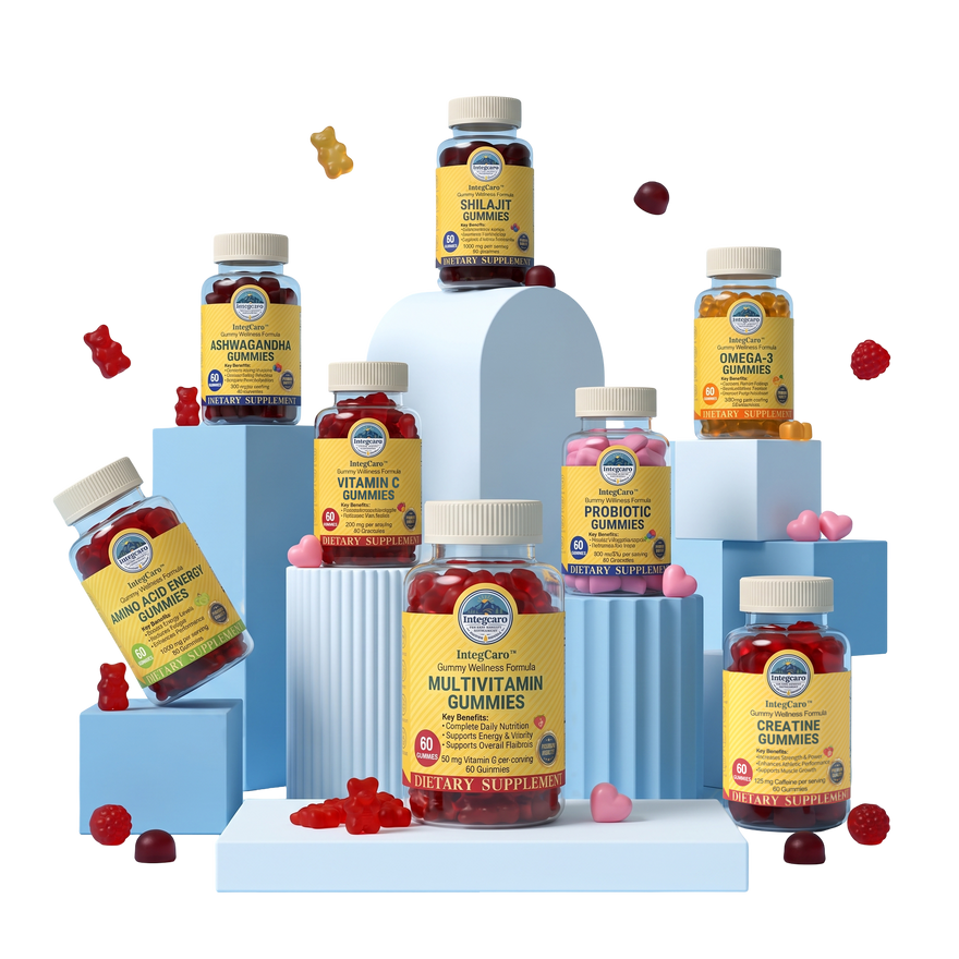 IntegCaro Multivitamin Gummies at a colorful fruit market